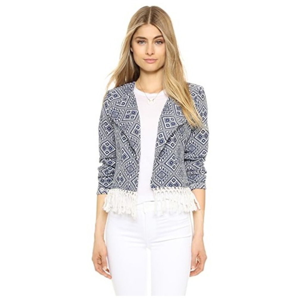 Cupcakes and Cashmere Navy Blue Fringed Tapestry Blazer Jacket Open Front Size S